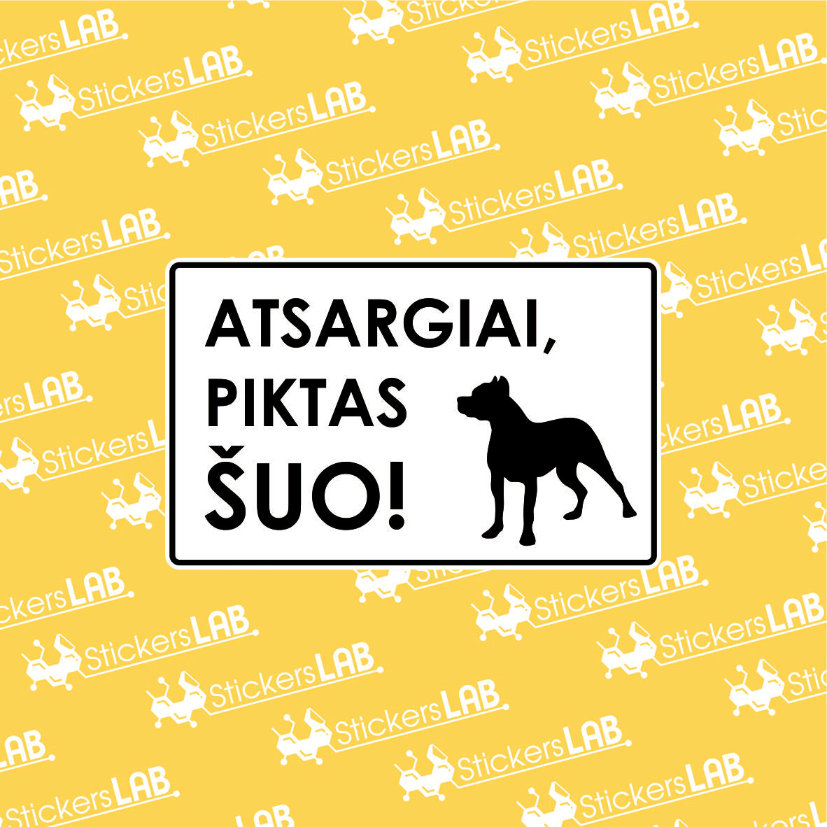 Ženklas su užrašu "ATSARGIAI, PIKTAS ŠUO" (APS)